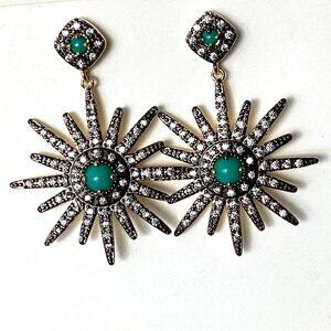 Vintage Sunburst Dangle with Rhinestones, Black and Turquoise Color Retro